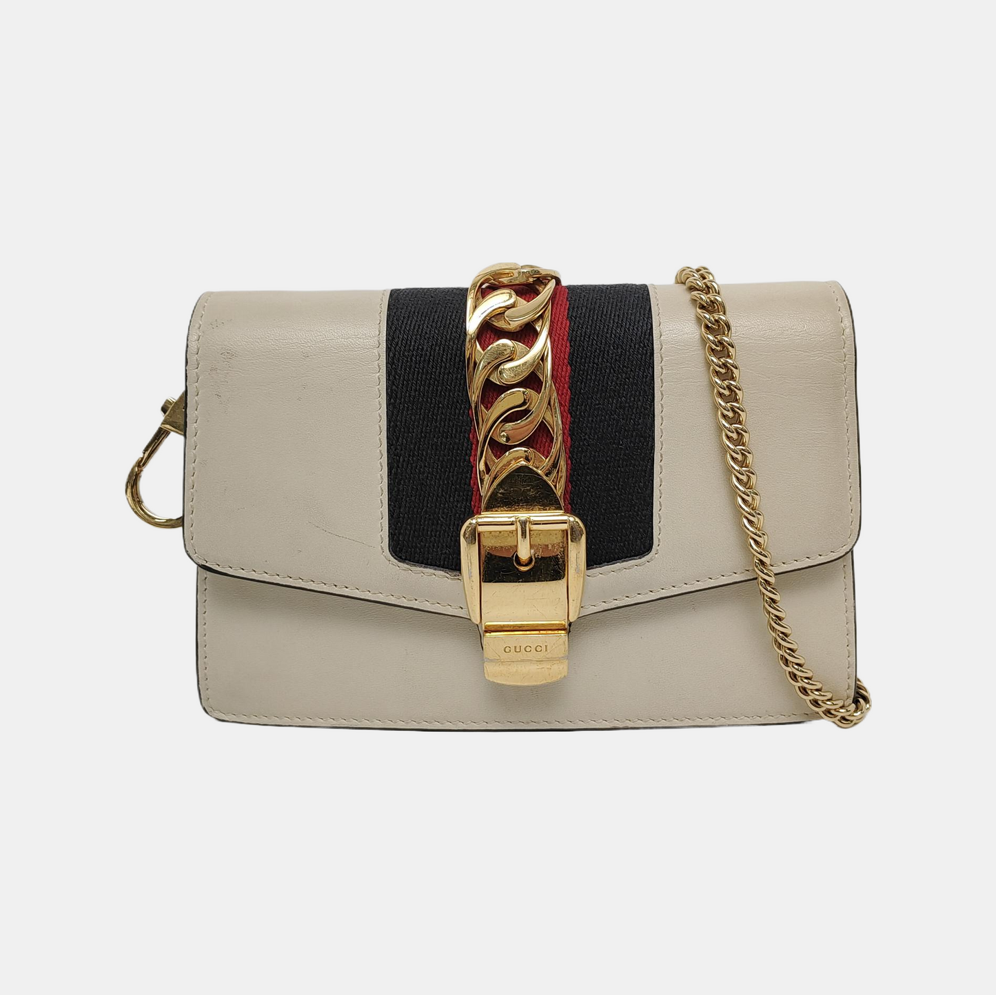 GUCCI Sylvie Super mini White Cowhide Stripe Strap Serbia Single Shoulder Bag Tote Golden hardware Removable shoulder strap-(SKU)-948580042