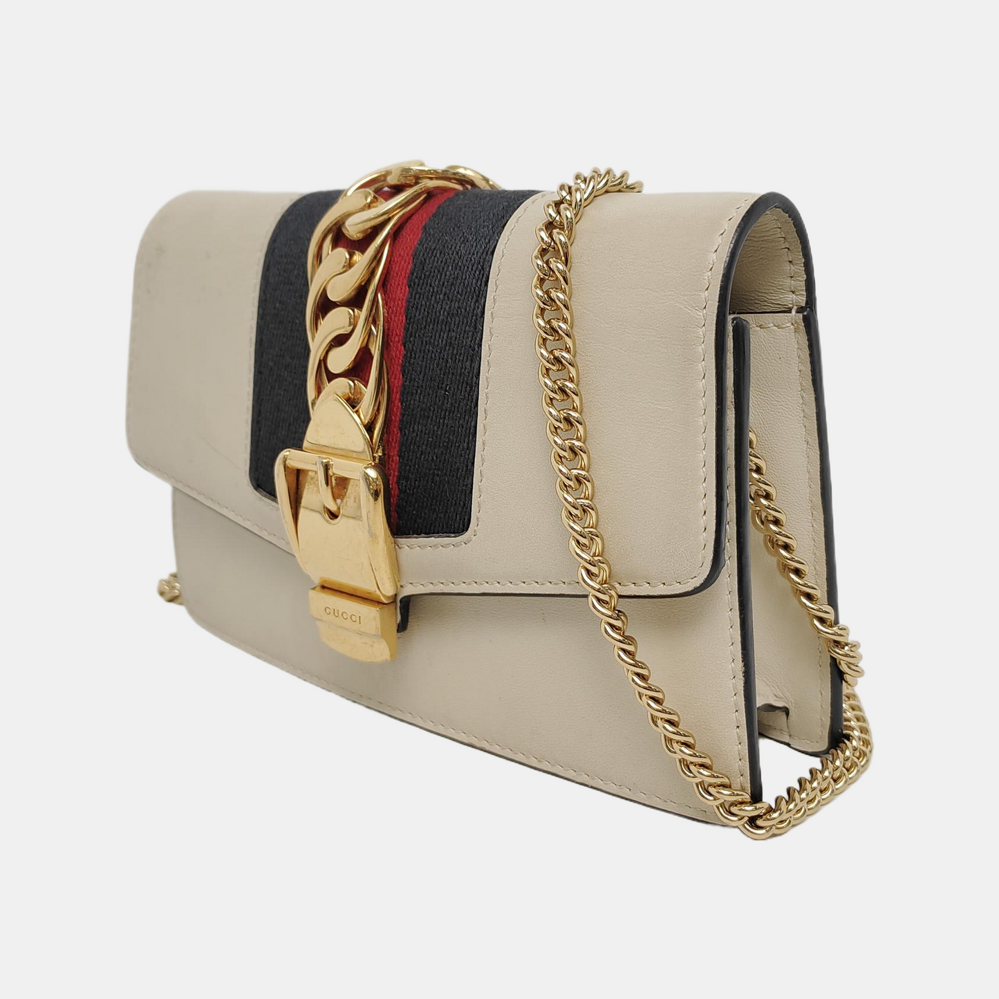 GUCCI Sylvie Super mini White Cowhide Stripe Strap Serbia Single Shoulder Bag Tote Golden hardware Removable shoulder strap-(SKU)-948580042