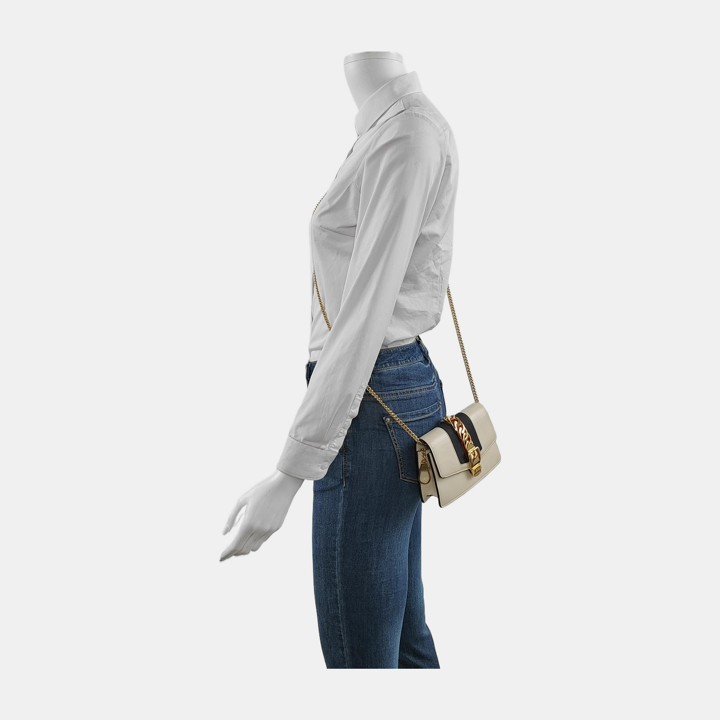 GUCCI Sylvie Super mini White Cowhide Stripe Strap Serbia Single Shoulder Bag Tote Golden hardware Removable shoulder strap-(SKU)-948580042