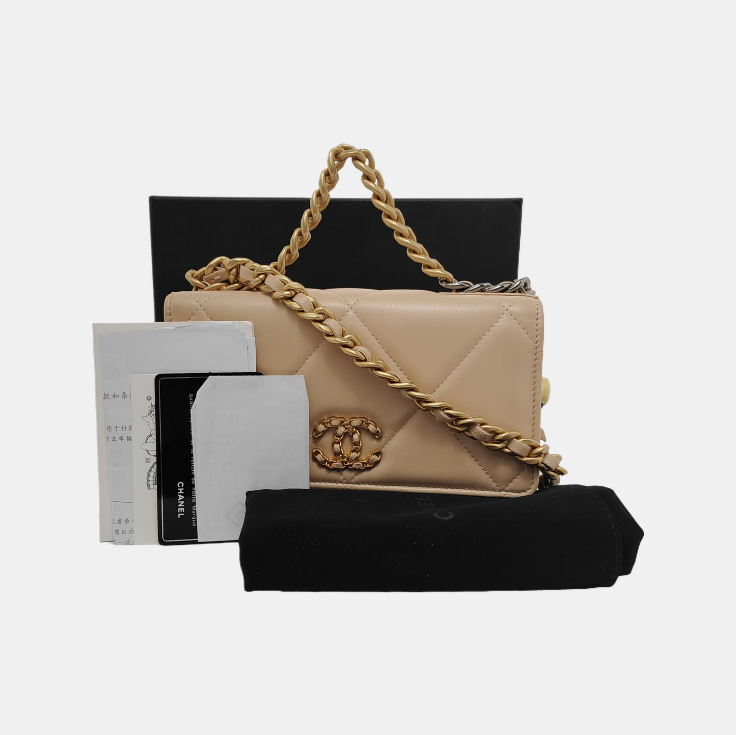 CHANEL CHANEL 19 WOC Beige Lamb Skin Quilted Stitched Crossbody Shoulder Bag Handbag Tote Bag Golden Silver Rhodium Hardware 31 Clasp-(SKU)-949178375