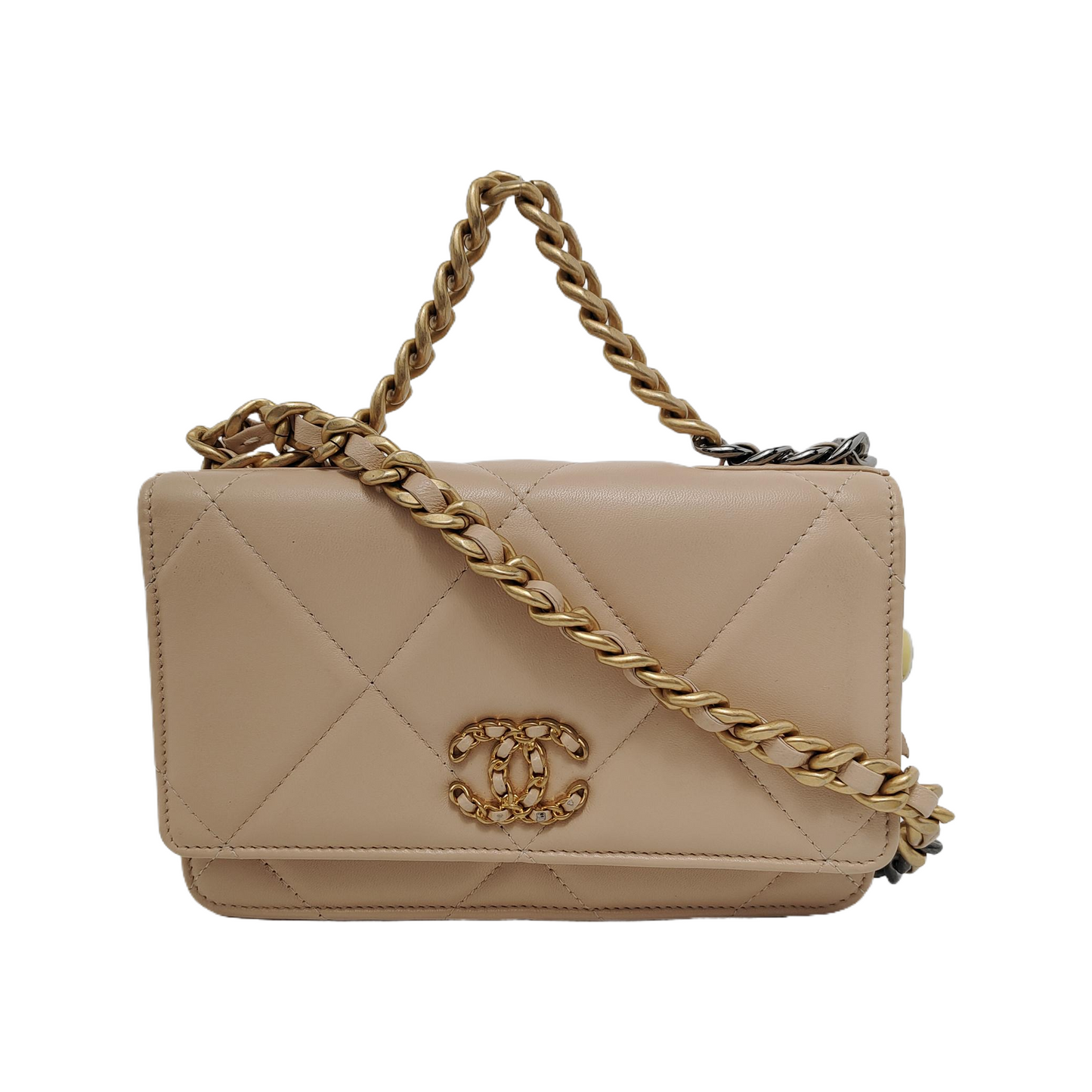 CHANEL CHANEL 19 WOC Beige Lamb Skin Quilted Stitched Crossbody Shoulder Bag Handbag Tote Bag Golden Silver Rhodium Hardware 31 Clasp-(SKU)-949178375