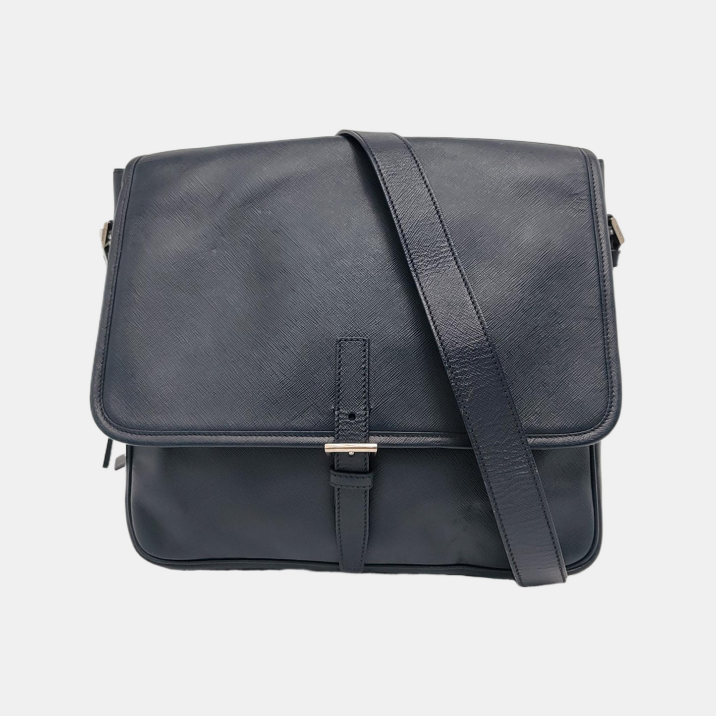 PRADA Dark Blue Cowhide Cross Grain Crossbody Bag Single Shoulder Bag Silver Hardware-(SKU)-949542016