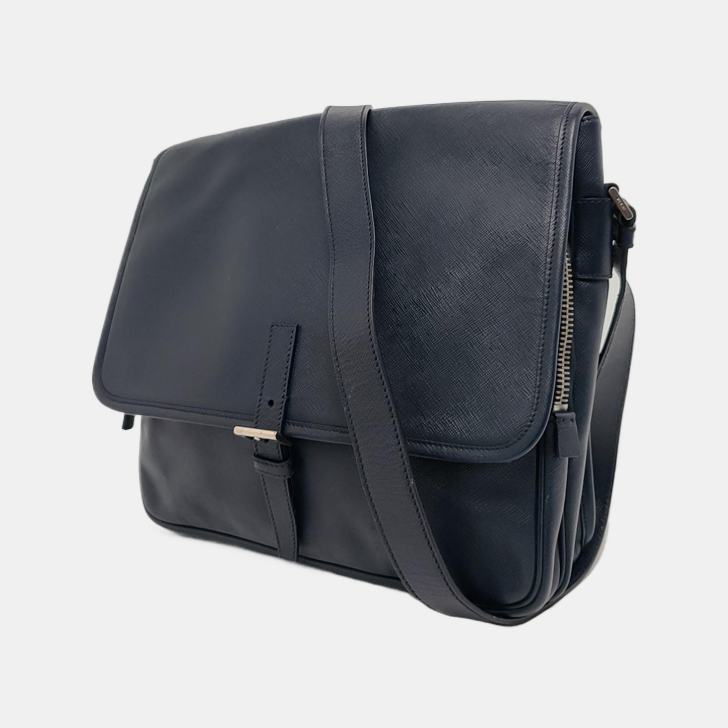 PRADA Dark Blue Cowhide Cross Grain Crossbody Bag Single Shoulder Bag Silver Hardware-(SKU)-949542016