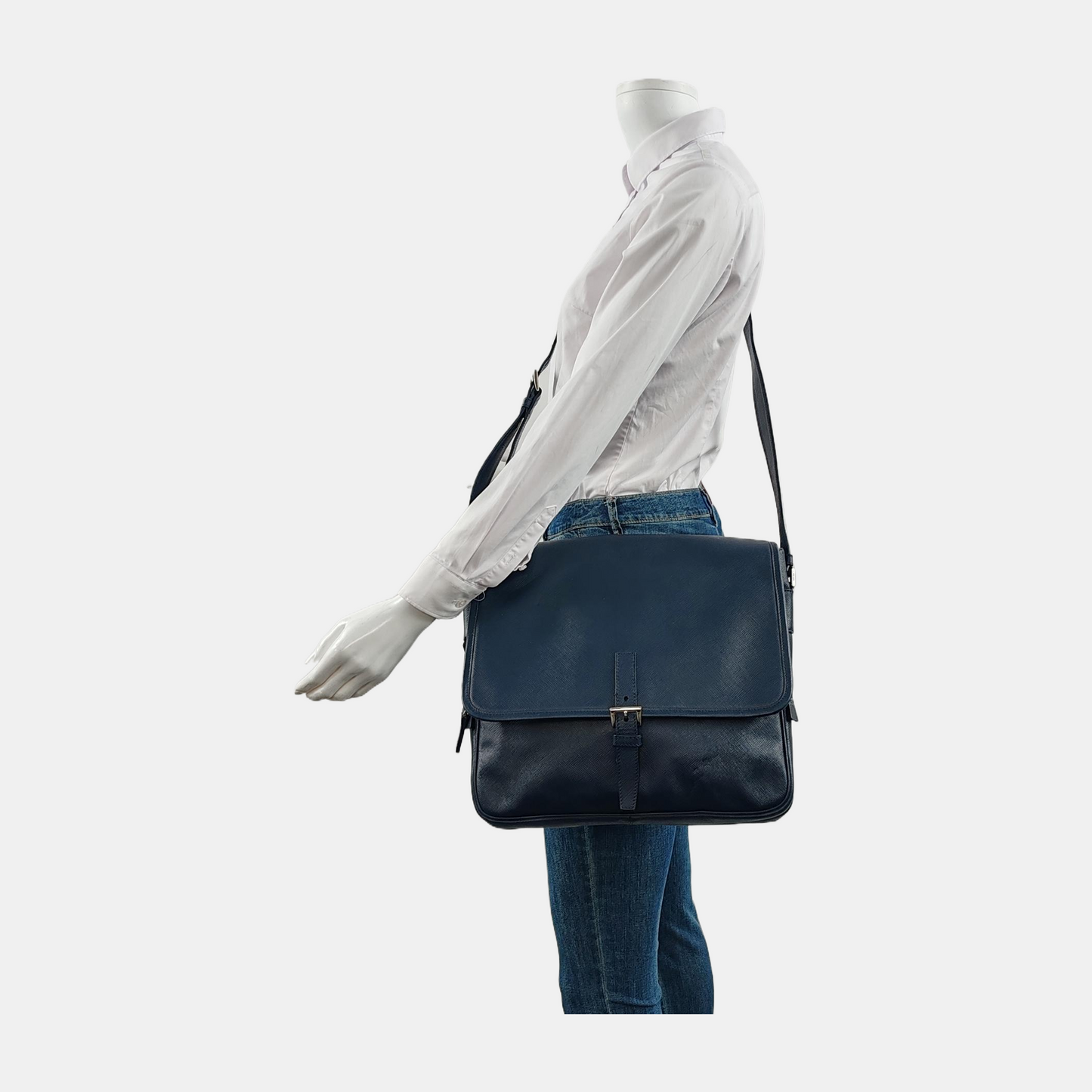 PRADA Dark Blue Cowhide Cross Grain Crossbody Bag Single Shoulder Bag Silver Hardware-(SKU)-949542016