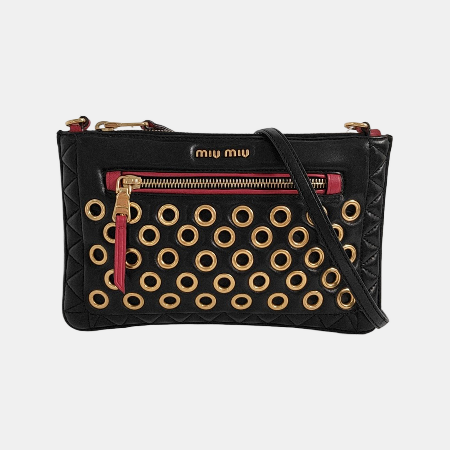 Miu Miu Black Sheepskin Quilted Studs Crossbody Shoulder Bag Clutch Golden hardware Removable shoulder strap-(SKU)-949793506