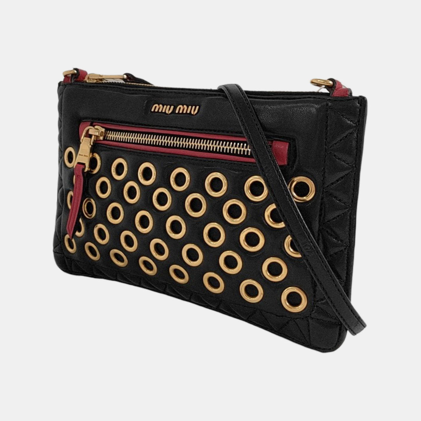 Miu Miu Black Sheepskin Quilted Studs Crossbody Shoulder Bag Clutch Golden hardware Removable shoulder strap-(SKU)-949793506
