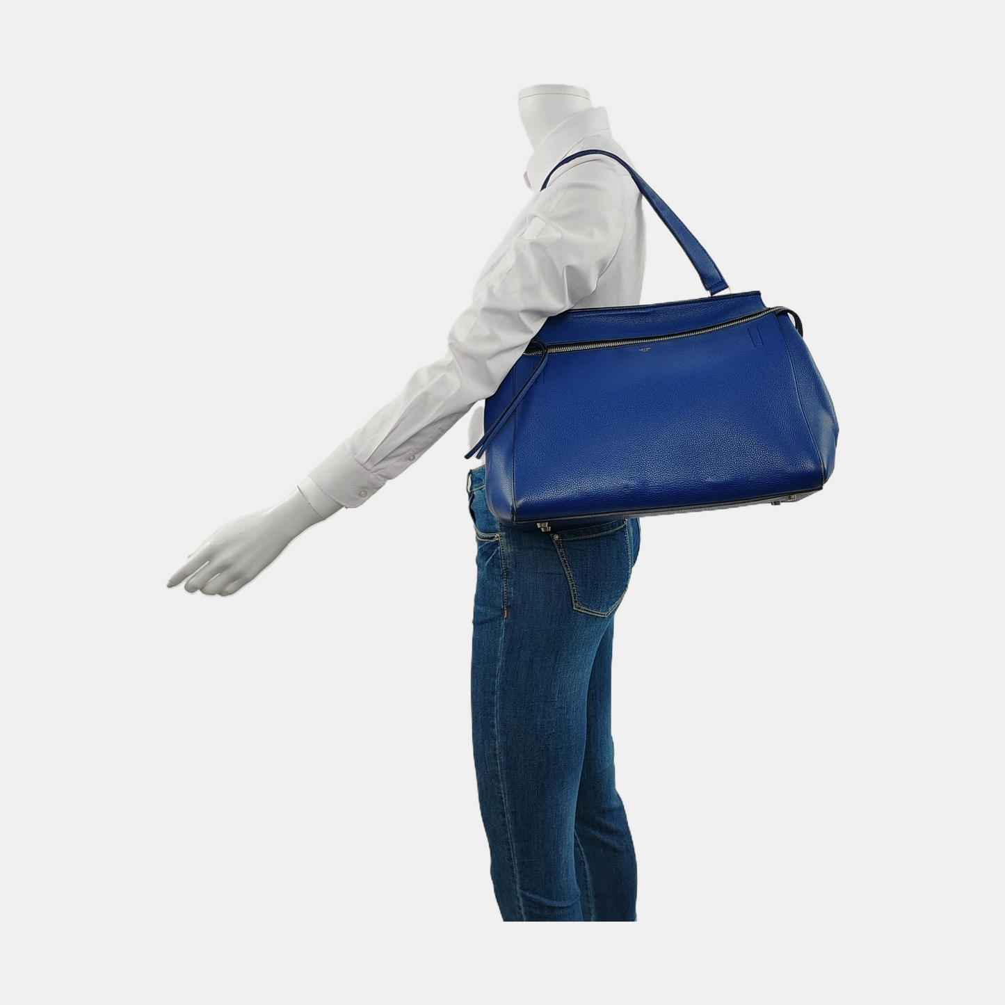 CELINE EDGE Blue Calf Leather Shoulder Bag Tote Silver Hardware-(SKU)-950037695