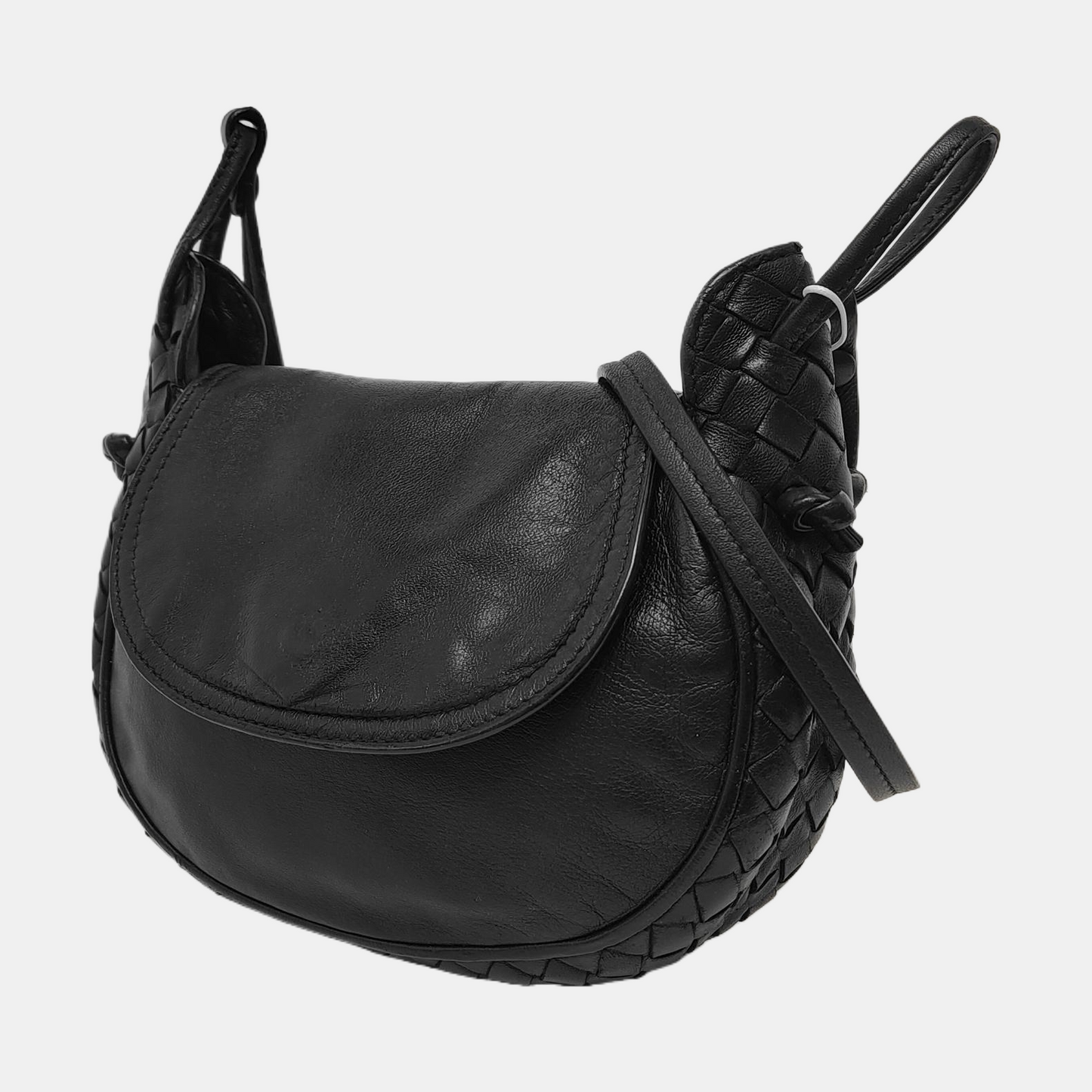 BOTTEGA VENETA Nodini Small size Black Lamb Leather Woven Crossbody Ruthenium color hardware-(SKU)-949692354