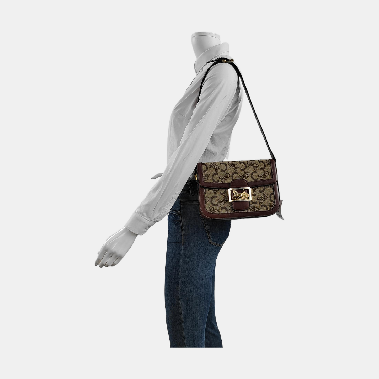 CELINE Khaki Canvas Floral Tofu Bag Single Shoulder Bag Tote Bag Golden hardware-(SKU)-950215776