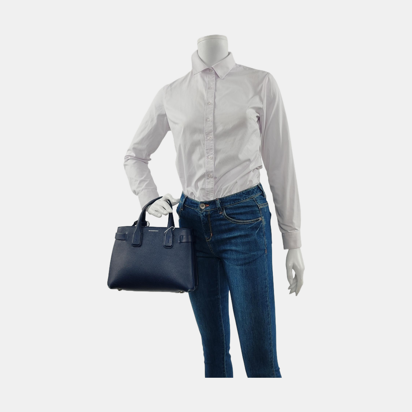 BURBERRY The Banner Small size Navy Blue Cowhide Shoulder Bag Tote Crossbody Silver Hardware-(SKU)-950330080