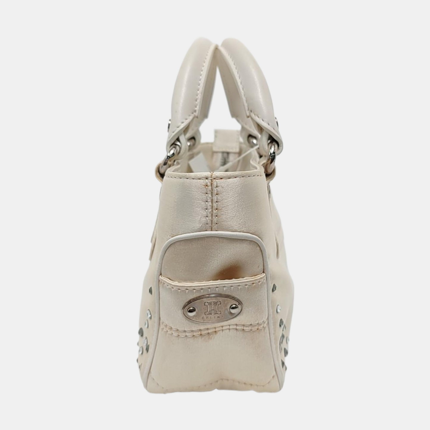 CELINE BOOGIE Beige Satin Studs Handbag Silver Hardware-(SKU)-950400052