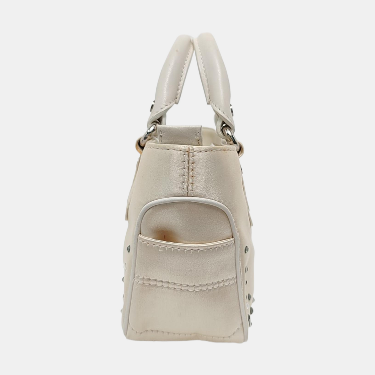 CELINE BOOGIE Beige Satin Studs Handbag Silver Hardware-(SKU)-950400052