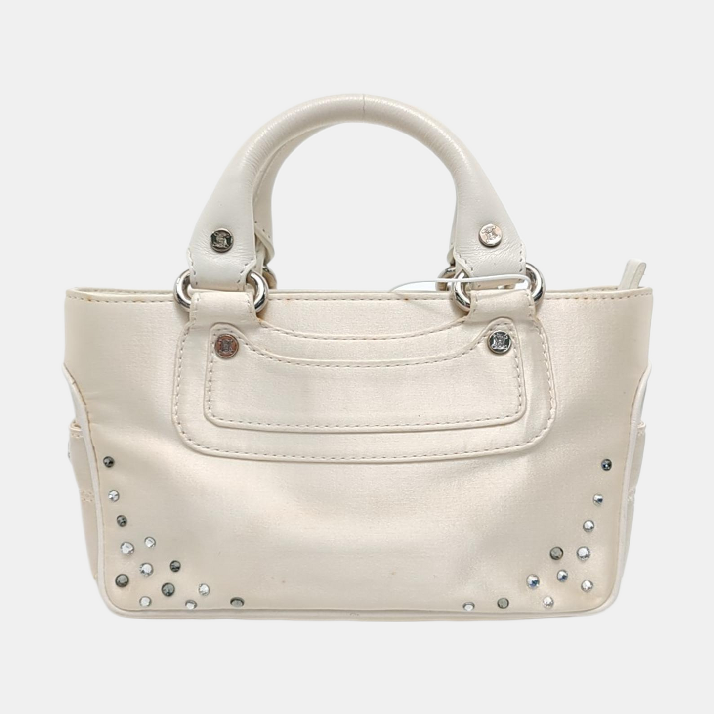 CELINE BOOGIE Beige Satin Studs Handbag Silver Hardware-(SKU)-950400052