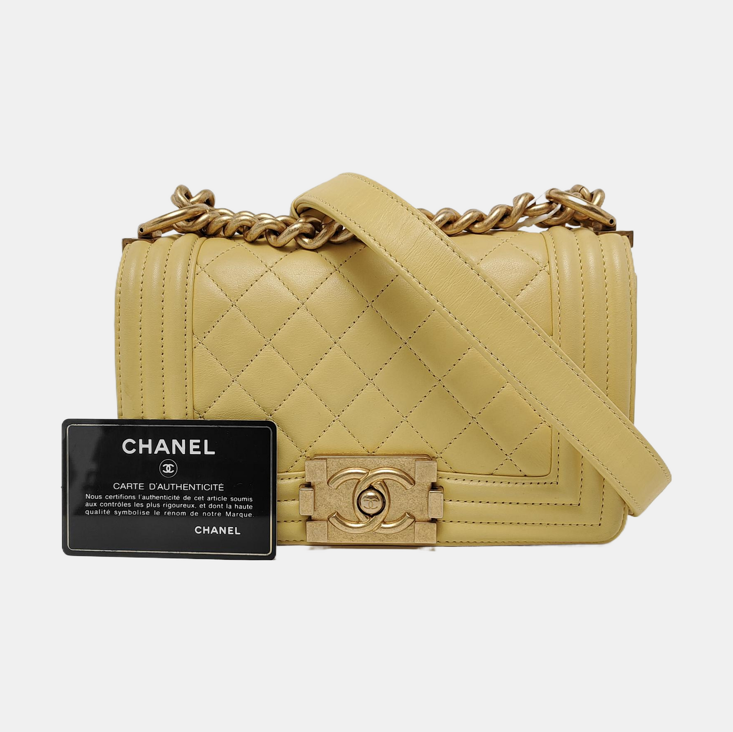 CHANEL BOY CHANEL Small Size Yellow Calfskin Quilted Diagonal Bag, Shoulder Bag with Detachable Strap, Golden Hardware, 27 Clasps-(SKU)-950300826