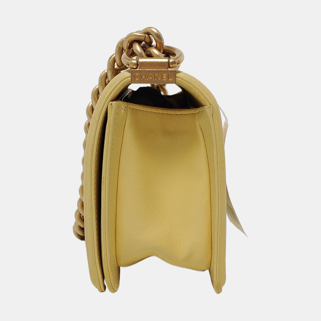 CHANEL BOY CHANEL Small Size Yellow Calfskin Quilted Diagonal Bag, Shoulder Bag with Detachable Strap, Golden Hardware, 27 Clasps-(SKU)-950300826