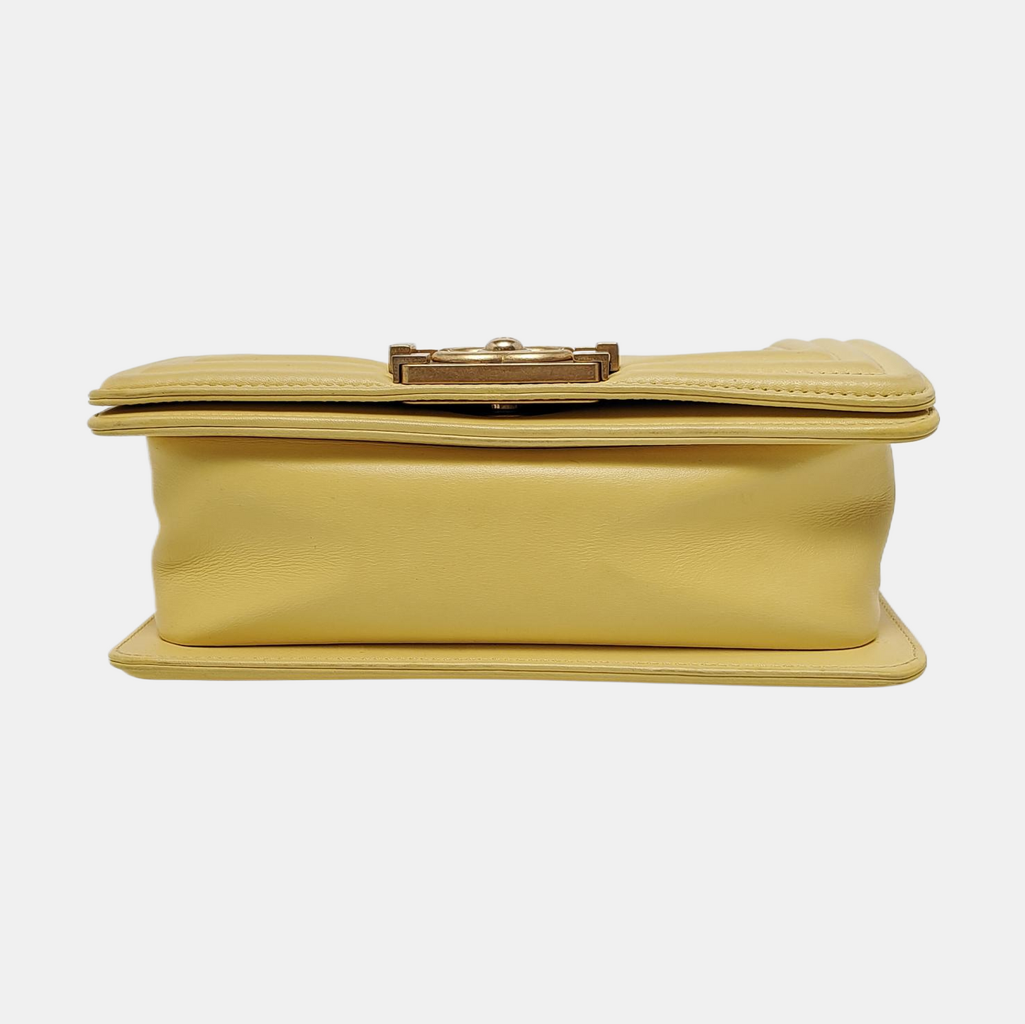 CHANEL BOY CHANEL Small Size Yellow Calfskin Quilted Diagonal Bag, Shoulder Bag with Detachable Strap, Golden Hardware, 27 Clasps-(SKU)-950300826