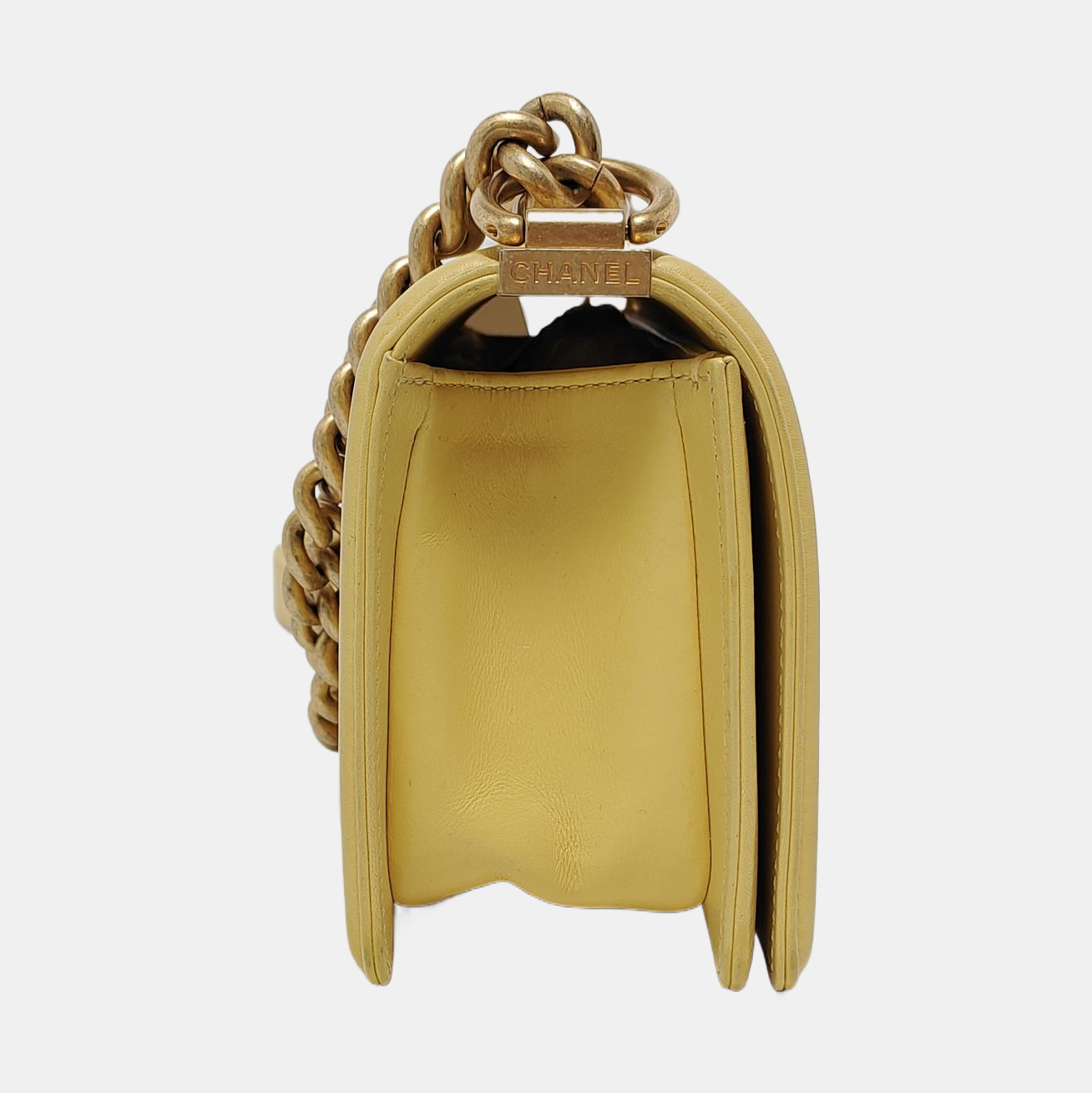 CHANEL BOY CHANEL Small Size Yellow Calfskin Quilted Diagonal Bag, Shoulder Bag with Detachable Strap, Golden Hardware, 27 Clasps-(SKU)-950300826