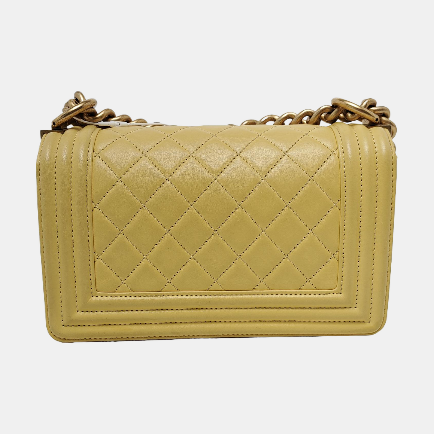 CHANEL BOY CHANEL Small Size Yellow Calfskin Quilted Diagonal Bag, Shoulder Bag with Detachable Strap, Golden Hardware, 27 Clasps-(SKU)-950300826