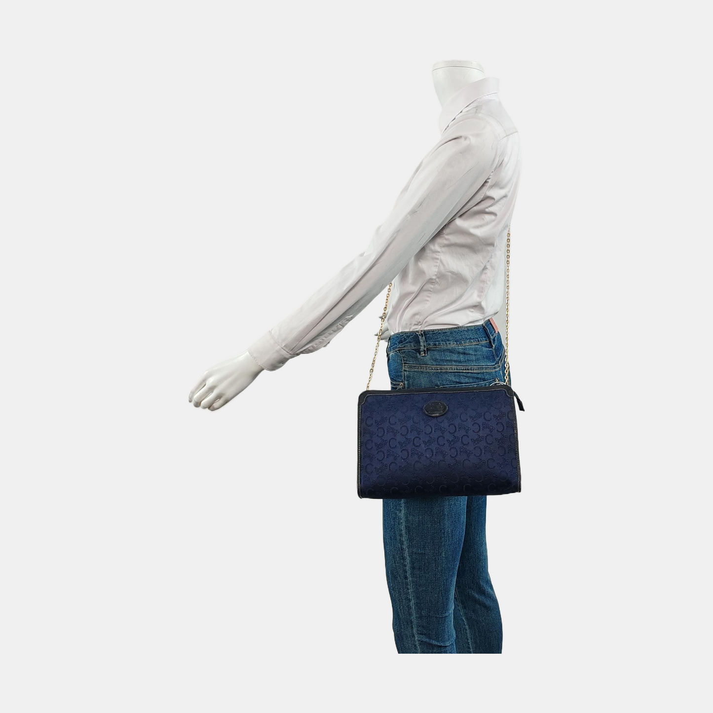 CELINE Dark Blue Canvas Floral Handbag Golden hardware-(SKU)-950300575