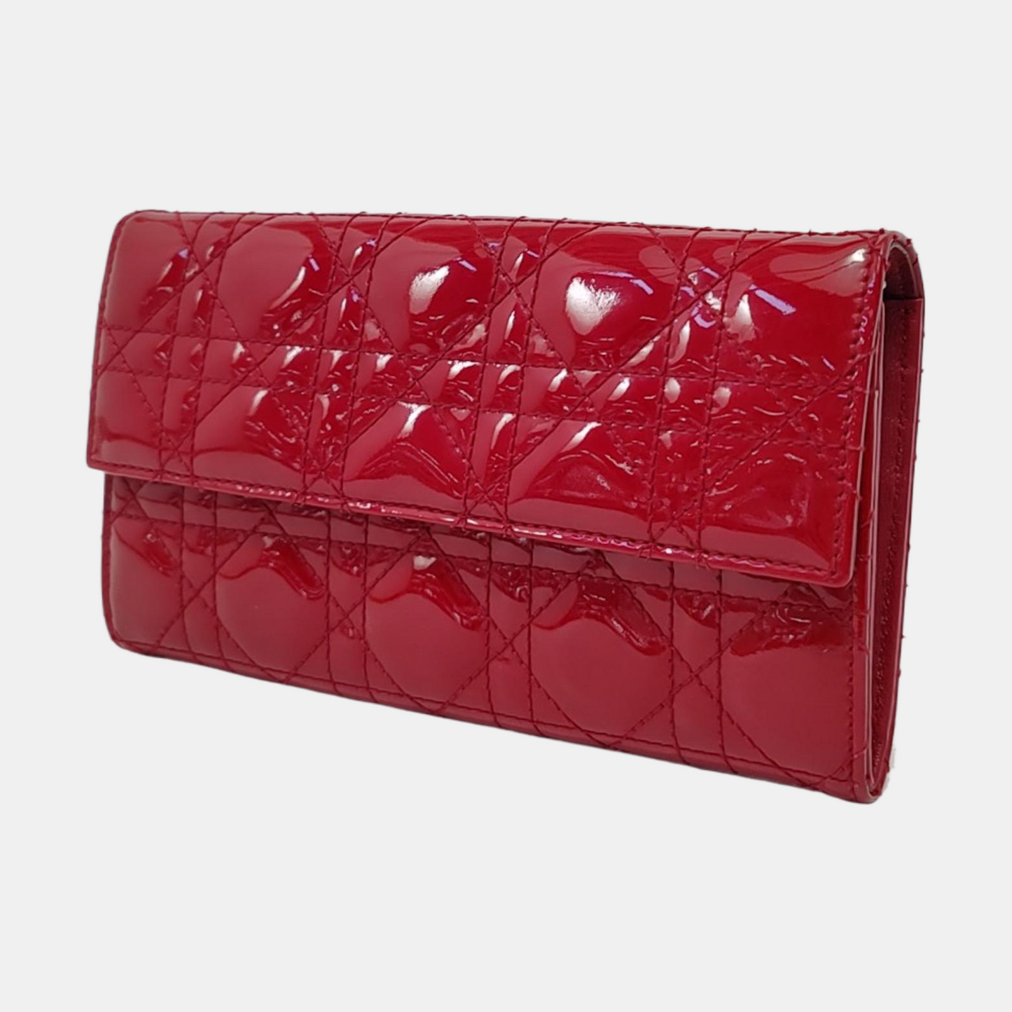 DIOR Lady Dior Burgundy Patent Leather Basketweave Stitched Wallet Golden hardware-(SKU)-950463180