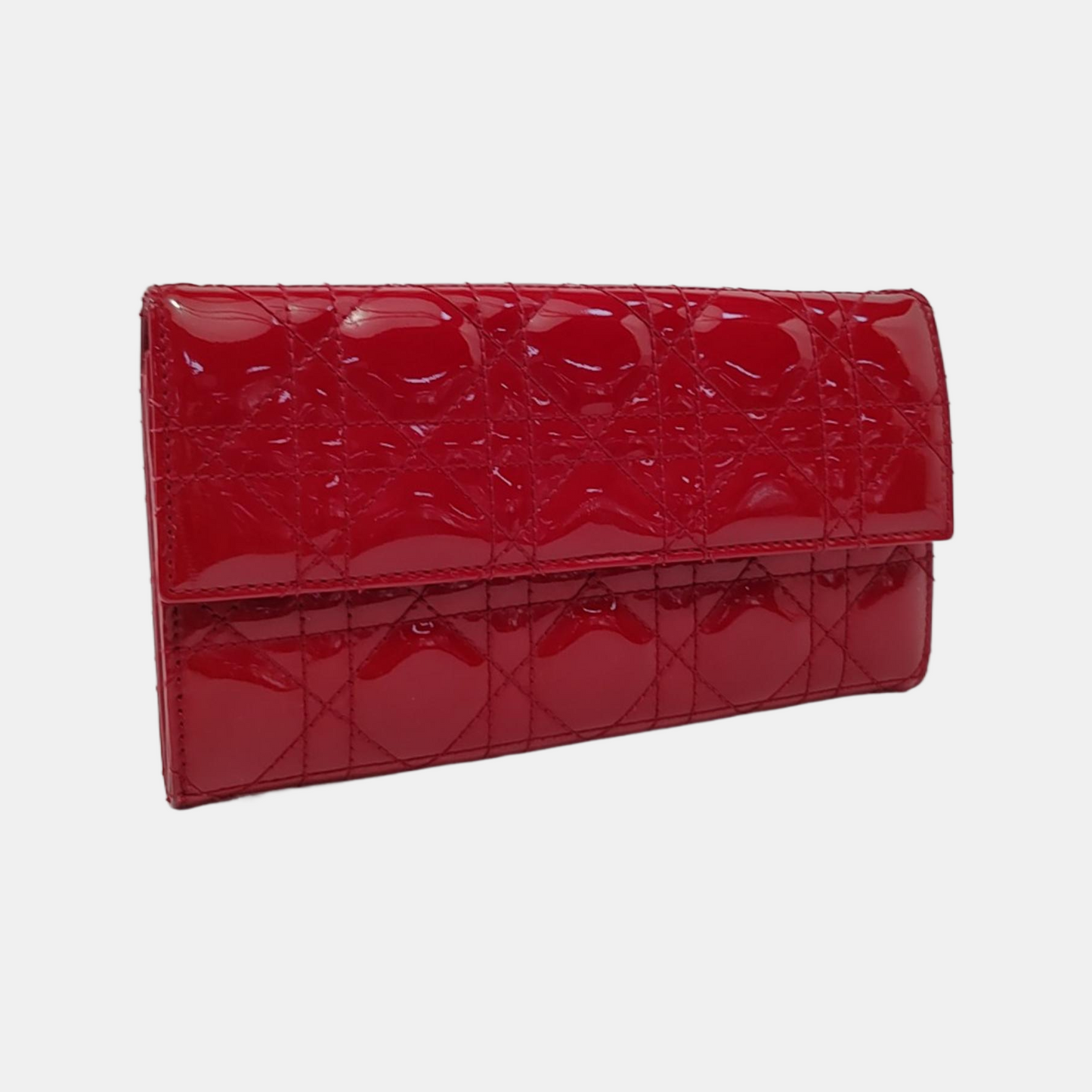 DIOR Lady Dior Burgundy Patent Leather Basketweave Stitched Wallet Golden hardware-(SKU)-950463180