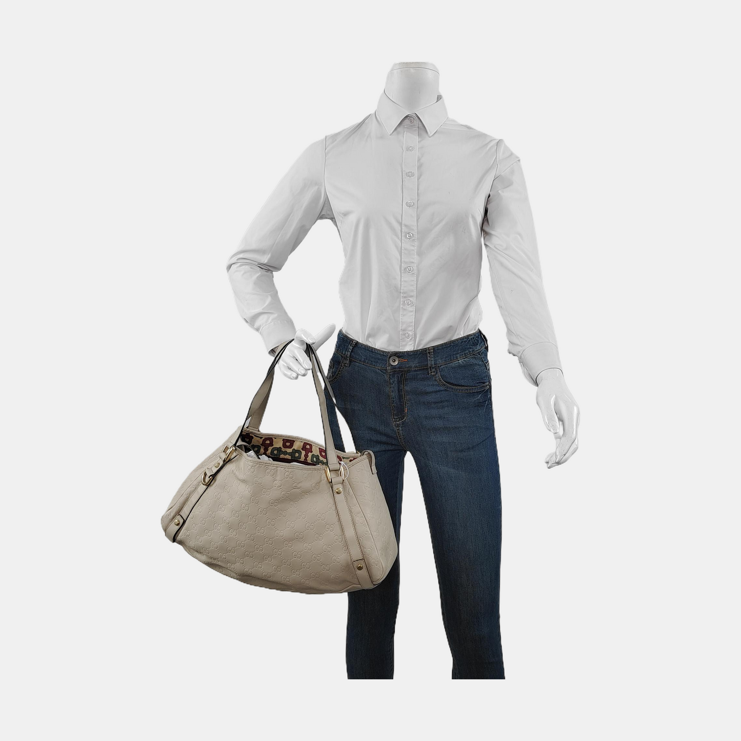GUCCI Abbey Beige Leather Monogrammed Texture Handbag and Single Shoulder Bag Golden Silver Hardware-(SKU)-950265695