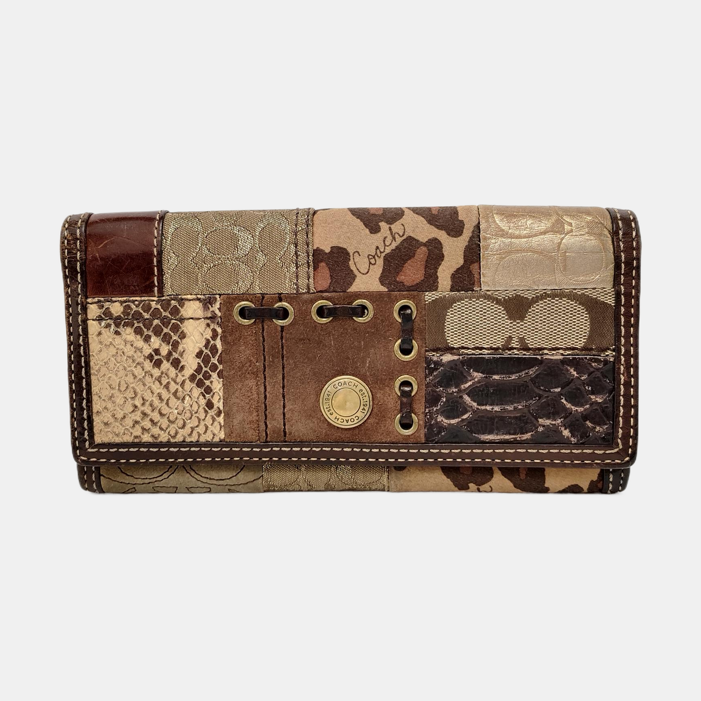 COACH Brown Mixed Material Monogrammed Textured Wallet Golden hardware Vintage model-(SKU)-950089793