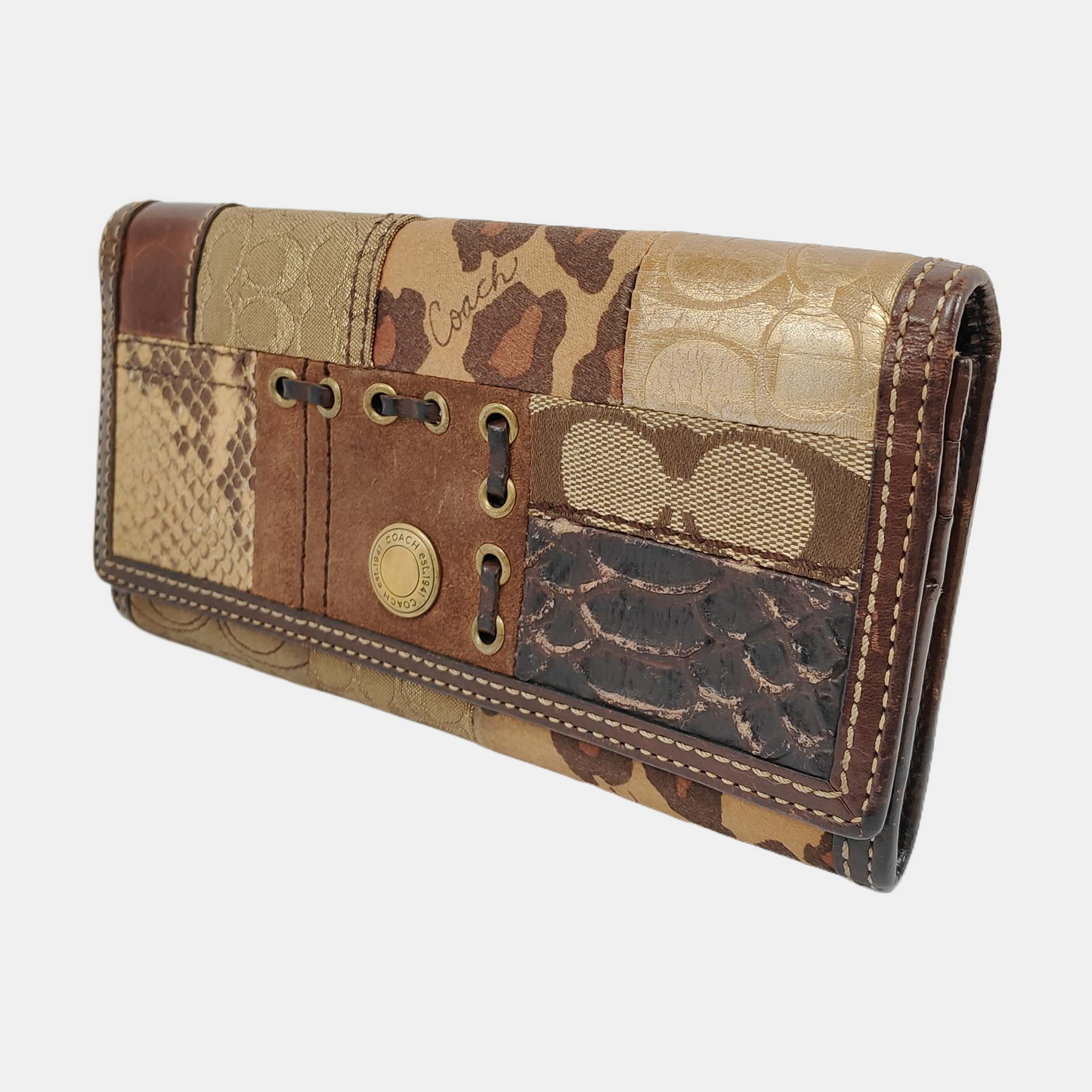 COACH Brown Mixed Material Monogrammed Textured Wallet Golden hardware Vintage model-(SKU)-950089793