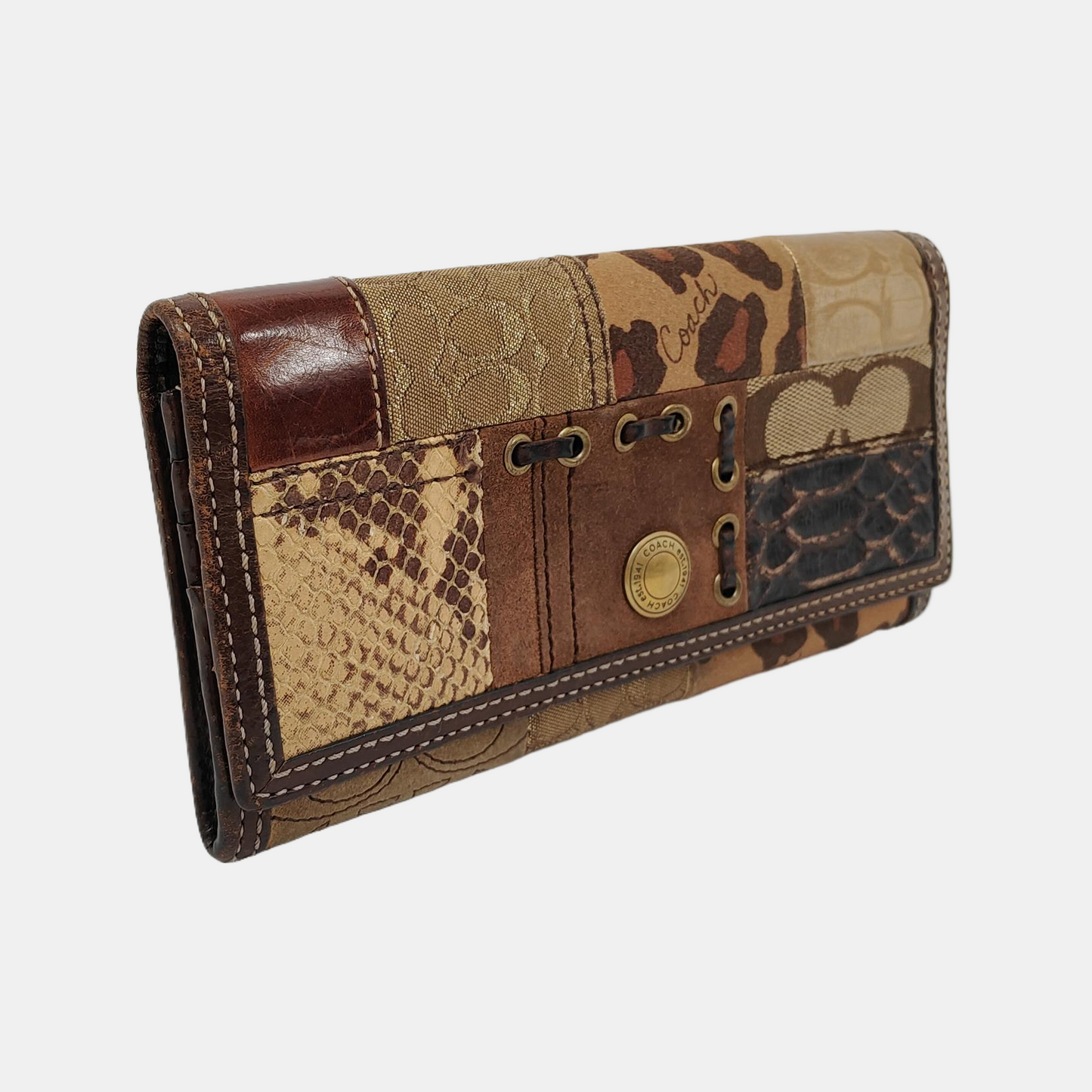 COACH Brown Mixed Material Monogrammed Textured Wallet Golden hardware Vintage model-(SKU)-950089793