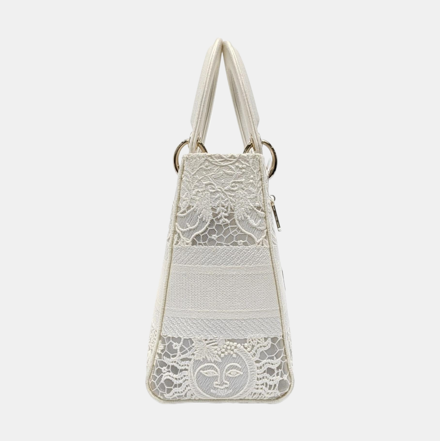 DIOR Lady D-Lite Medium Size White Canvas Embroidered Cutout Crossbody Shoulder Bag with Gold Hardware Removable Shoulder Strap-(SKU)-950358894