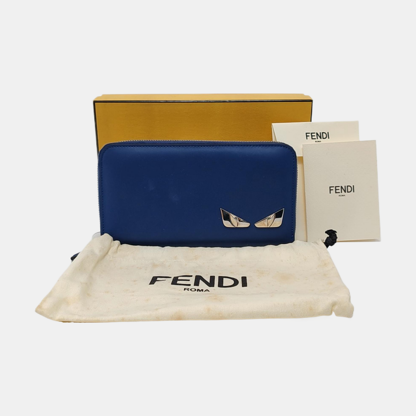 FENDI Blue Cowhide Mini Monster Wallet Silver Hardware Complete Accessories-(SKU)-950501474