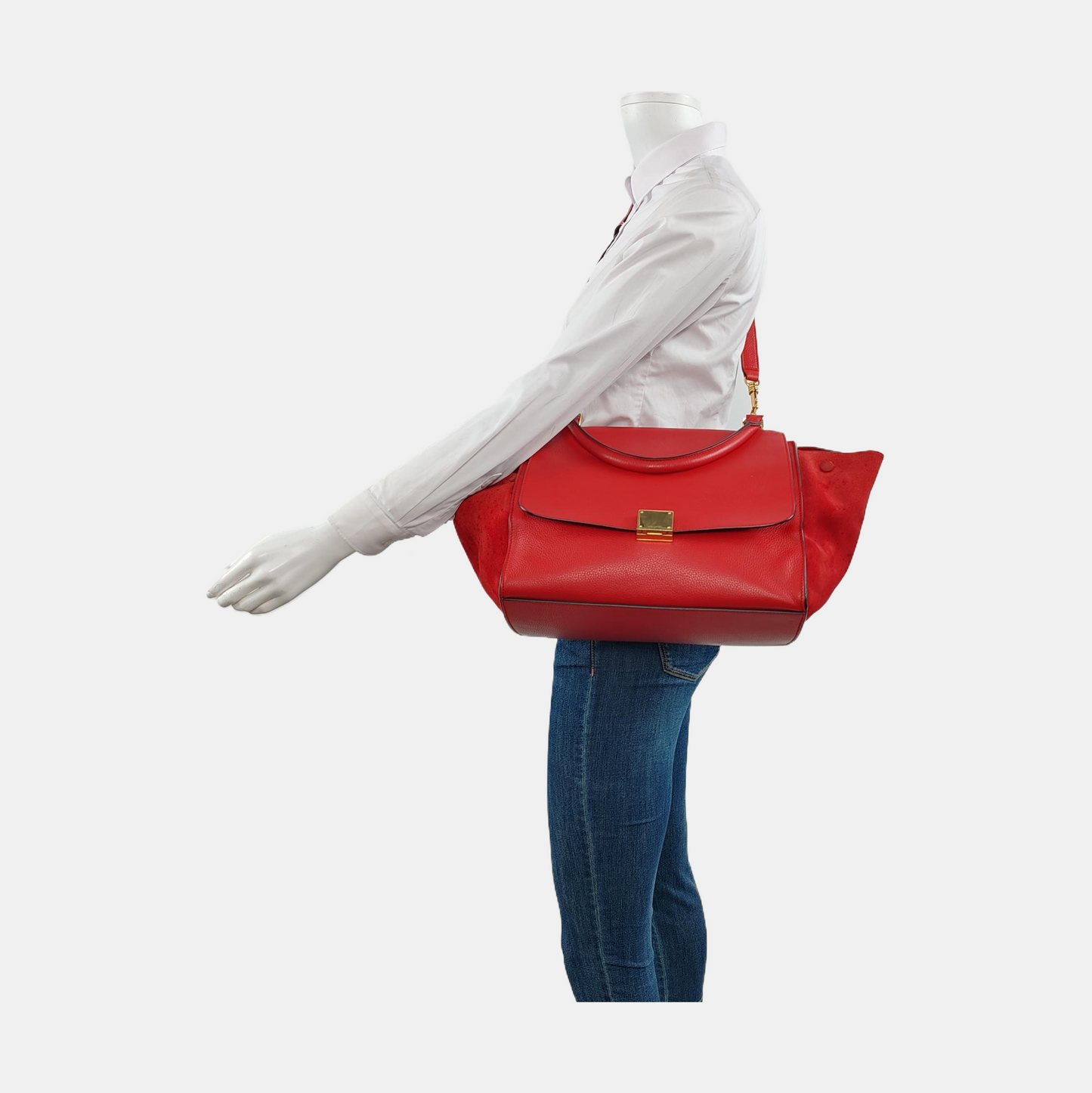 CELINE TRAPEZE Medium size Red Cowhide Swing Bag Single Shoulder Bag Handbag Golden hardware Removable shoulder strap-(SKU)-950729594