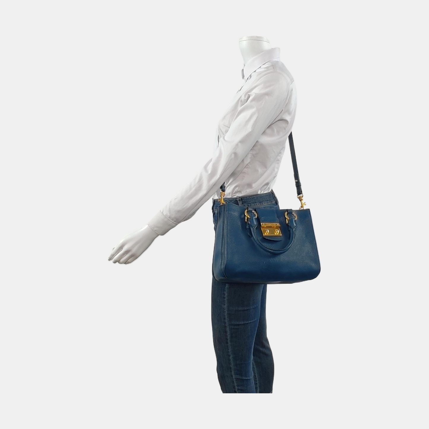 Miu Miu Tote bag Blue Cowhide Crumpled Shoulder Bag Single Shoulder Bag Crossbody Bag Golden hardware Removable shoulder strap-(SKU)-950926688