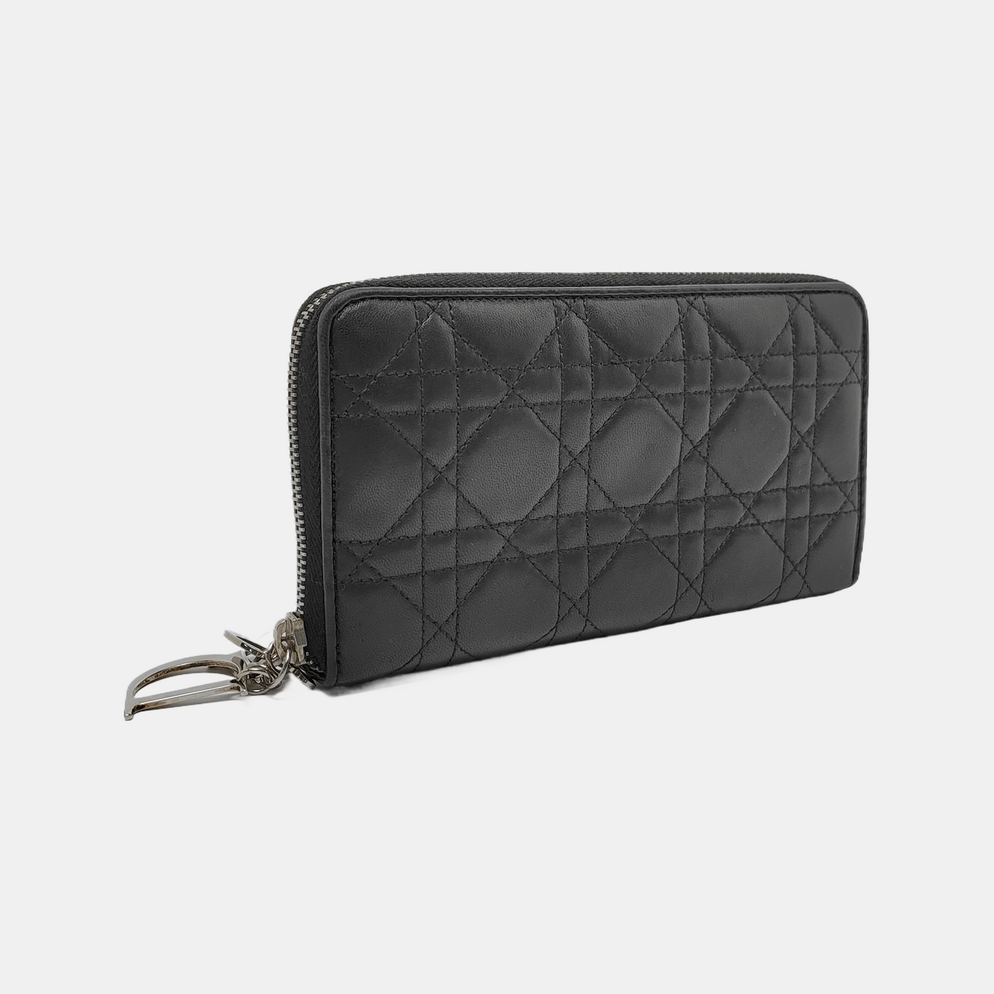 DIOR Lady Dior Black Lamb Leather chevron pattern Wallet Silver Hardware-(SKU)-951110032