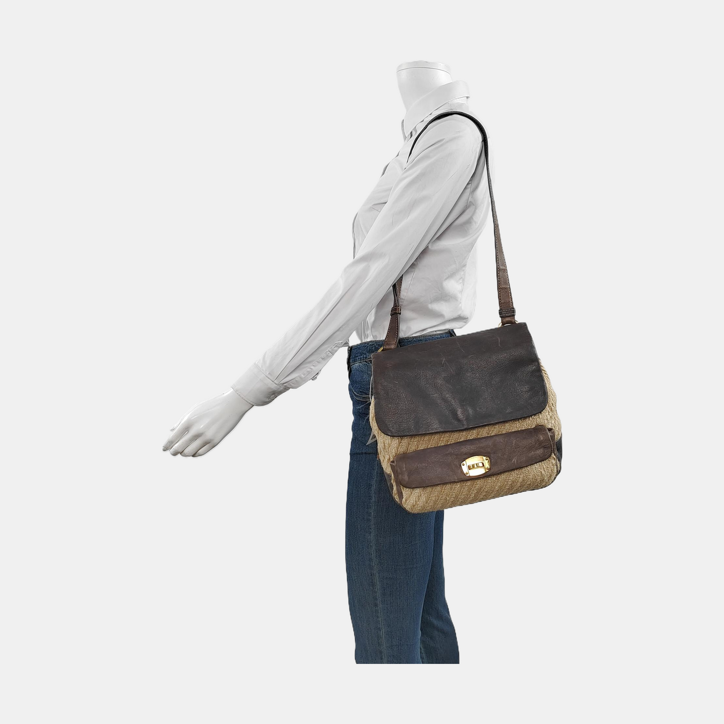 Miu Miu Beige Fabric Crossbody Single Shoulder Bag Golden hardware Removable shoulder strap-(SKU)-951232002