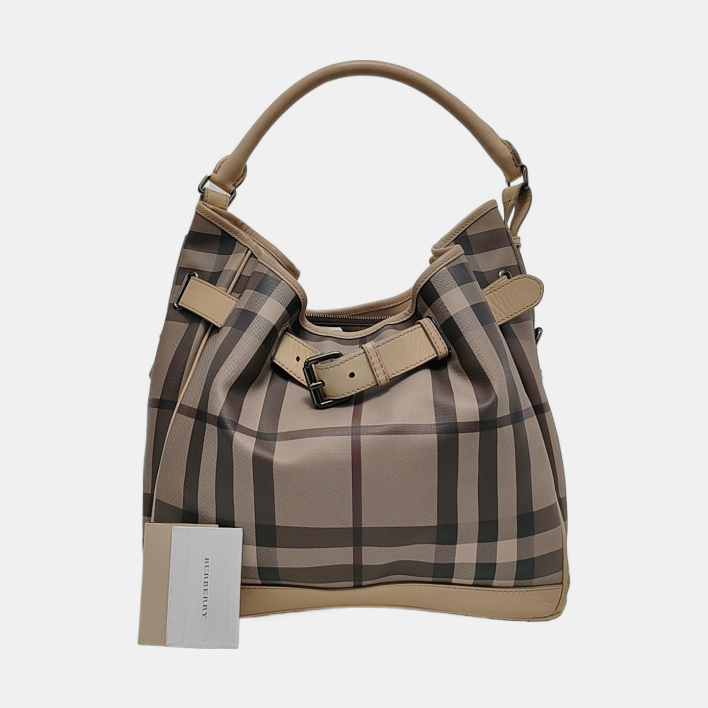 BURBERRY Smoked Check Medium size Light Gray Coated Canvas Shoulder Bag Tote Ruthenium color hardware Removable shoulder strap-(SKU)-951094751