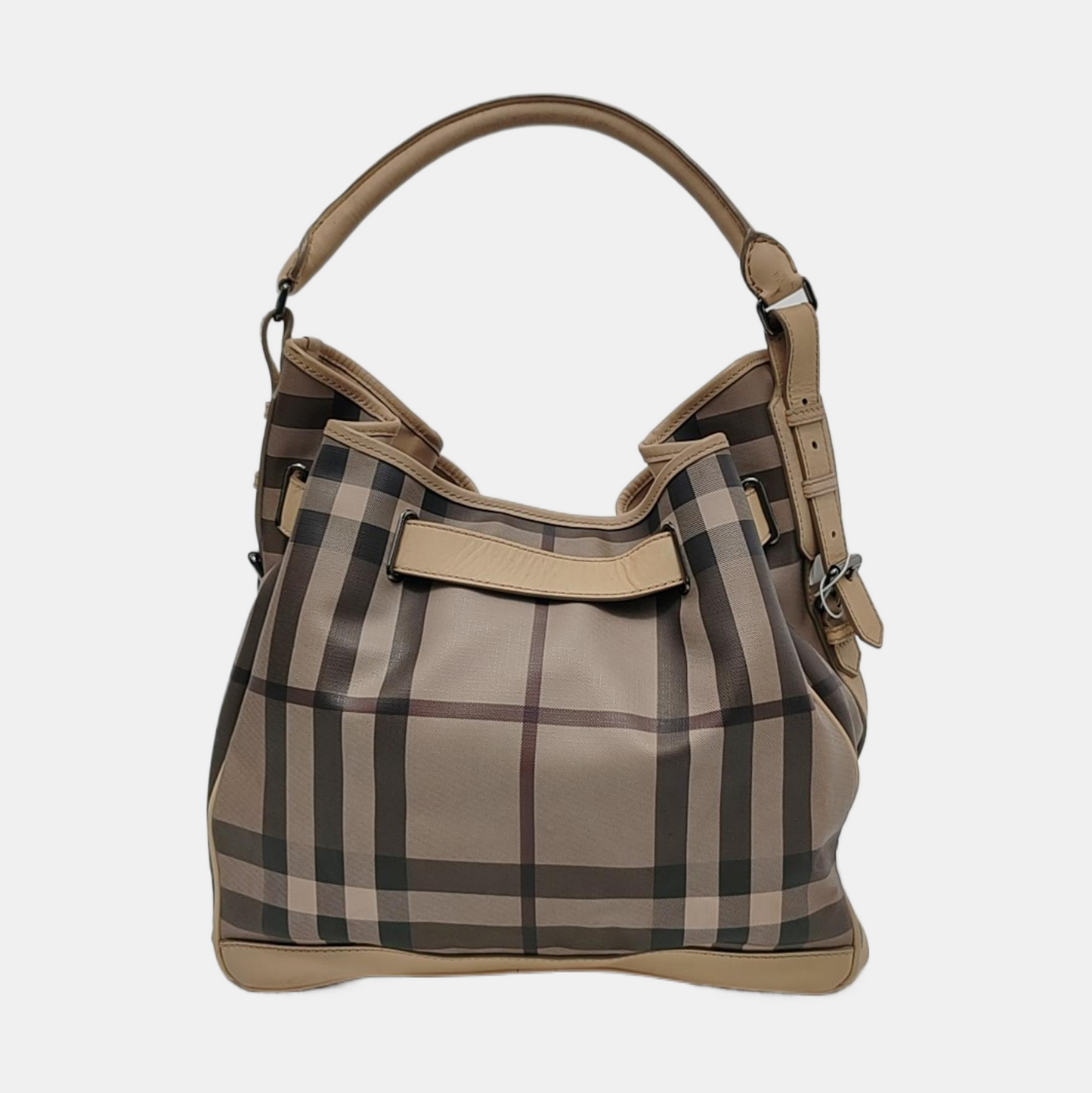 BURBERRY Smoked Check Medium size Light Gray Coated Canvas Shoulder Bag Tote Ruthenium color hardware Removable shoulder strap-(SKU)-951094751