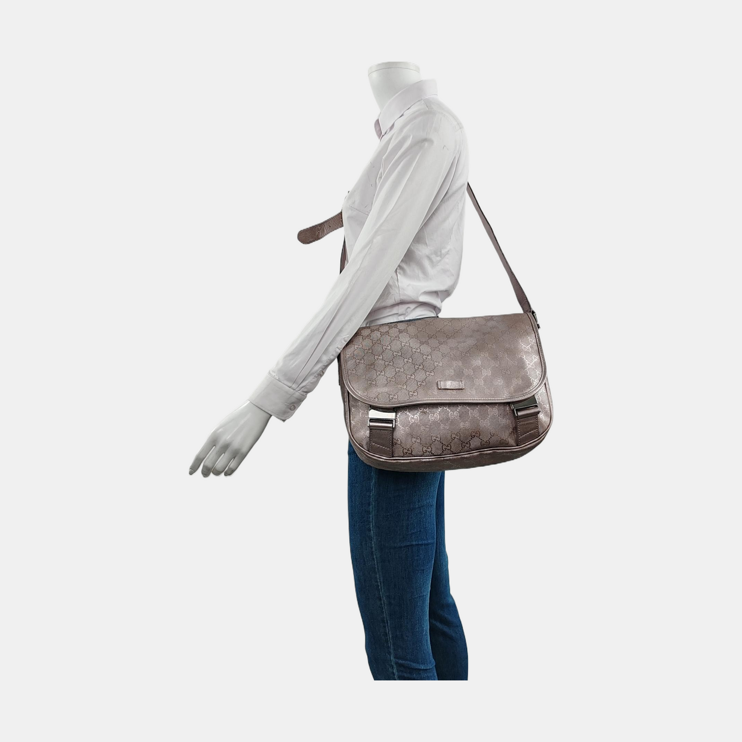 GUCCI GG Imprime Rose Gold Coated Canvas Vintage Single Shoulder Bag Crossbody Bag Silver Hardware-(SKU)-951246609
