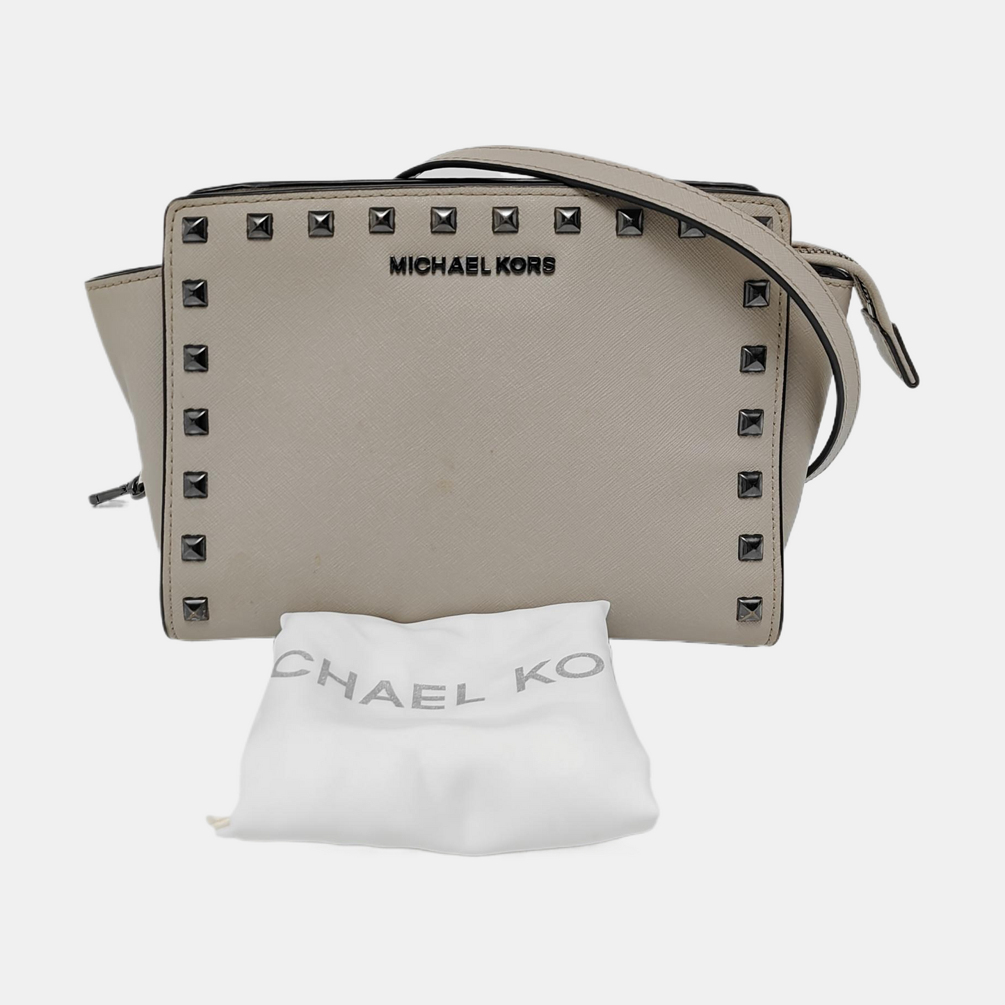 MICHAEL KORS Selma Grey Leather Studs Crossbody Bag Single Shoulder Bag Handbag Silver Hardware Removable shoulder strap-(SKU)-951542845