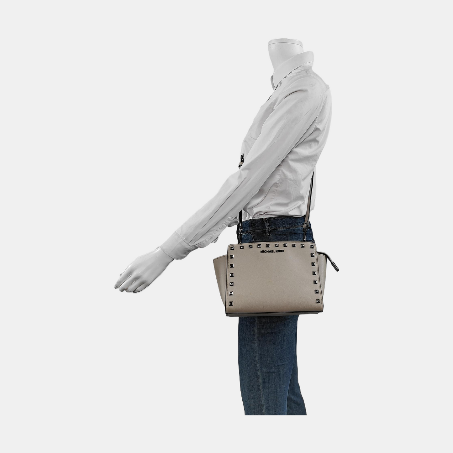 MICHAEL KORS Selma Grey Leather Studs Crossbody Bag Single Shoulder Bag Handbag Silver Hardware Removable shoulder strap-(SKU)-951542845