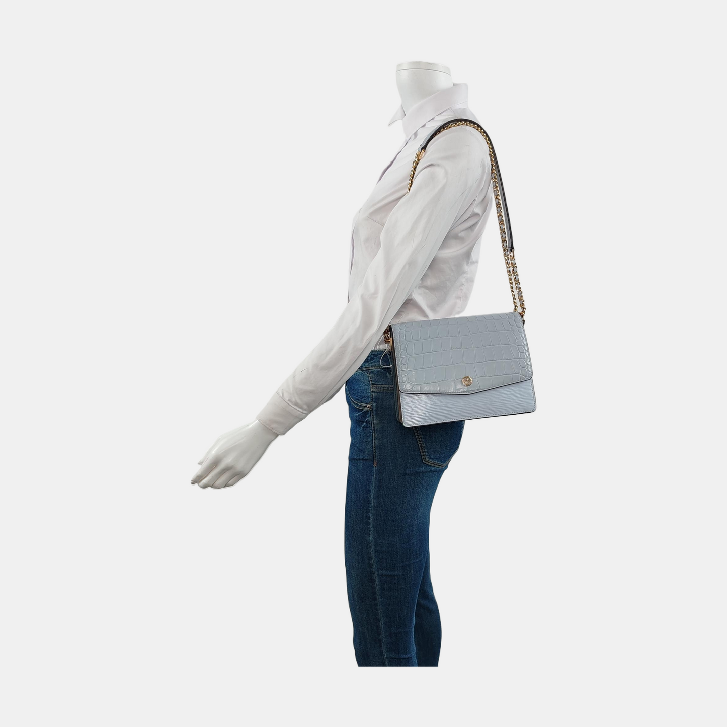 TORY BURCH Robinson Blue Calf Leather Crocodile Texture Single Shoulder Bag Handbag Golden hardware-(SKU)-951368581