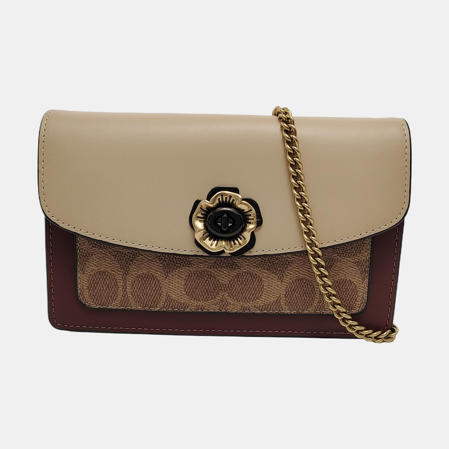 COACH PARKER Khaki leather old flower camellia crossbody bag, single shoulder bag Gold Black Hardware Removable shoulder strap-(SKU)-951589368