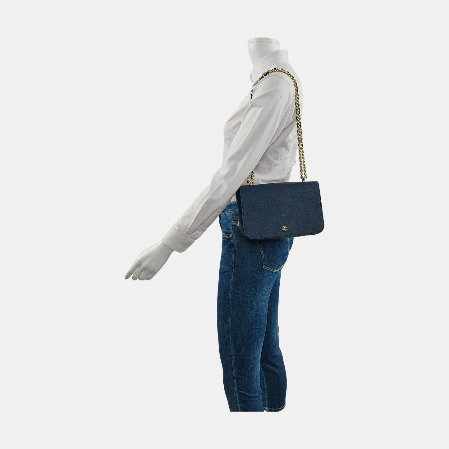 TORY BURCH Robinson Dark Blue Cowhide Embossed Single Shoulder Bag Crossbody Bag Golden hardware-(SKU)-951566144
