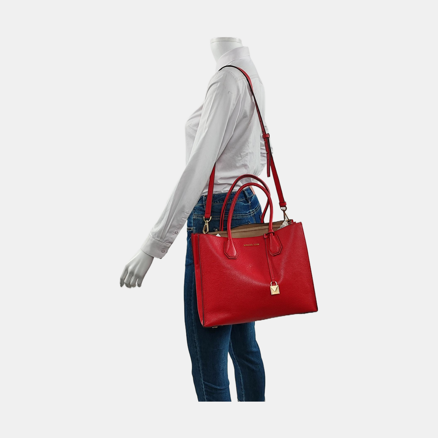 MICHAEL KORS Mercer Large size Red Leather Shoulder Bag Crossbody Tote Bag Golden hardware Removable shoulder strap-(SKU)-951587564