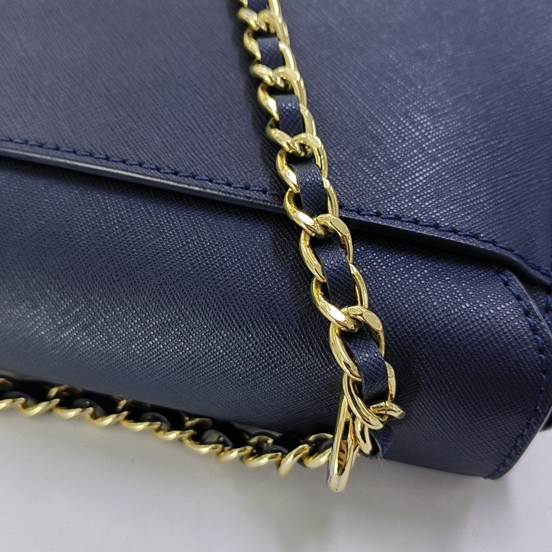 TORY BURCH Robinson Dark Blue Cowhide Embossed Single Shoulder Bag Crossbody Bag Golden hardware-(SKU)-951566144