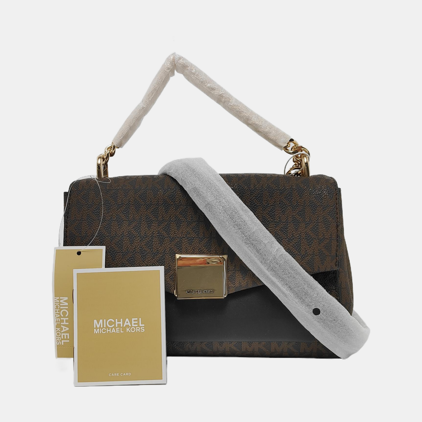 MICHAEL KORS Brown Coated Canvas Monogram Print Single Shoulder Bag Crossbody Tote Golden hardware Removable shoulder strap-(SKU)-951929731
