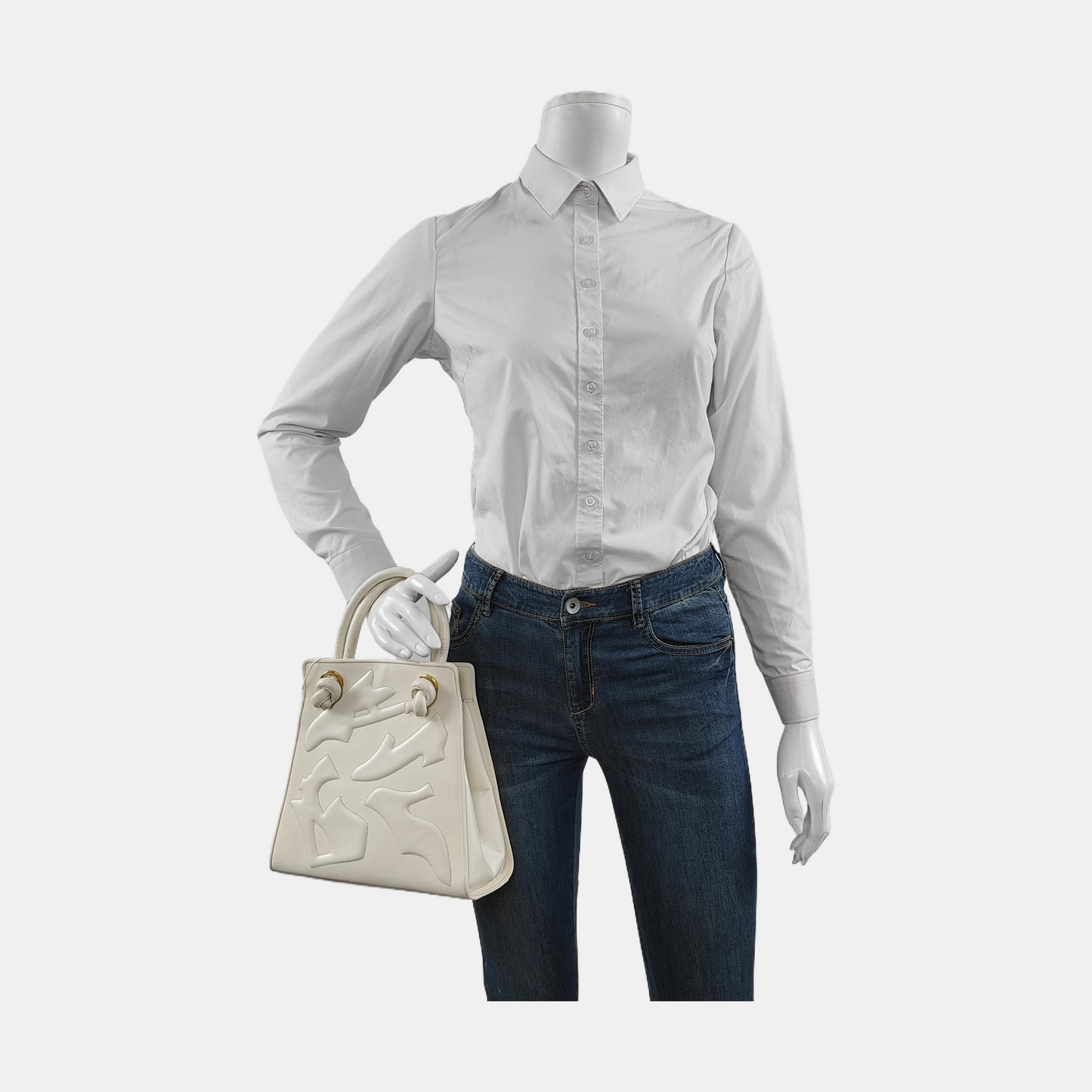 FERRAGAMO White Leather Embossed Tote Bag Golden hardware-(SKU)-951805301