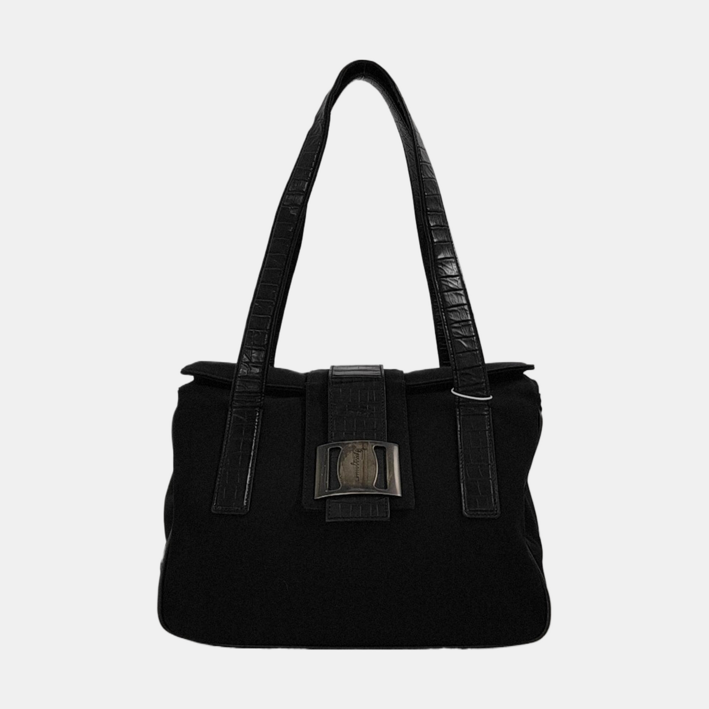 FERRAGAMO Black Fabric Single Shoulder Bag Handbag Silver Hardware-(SKU)-951936127