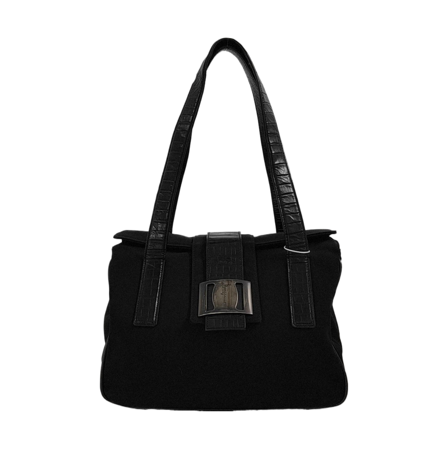FERRAGAMO Black Fabric Single Shoulder Bag Handbag Silver Hardware-(SKU)-951936127