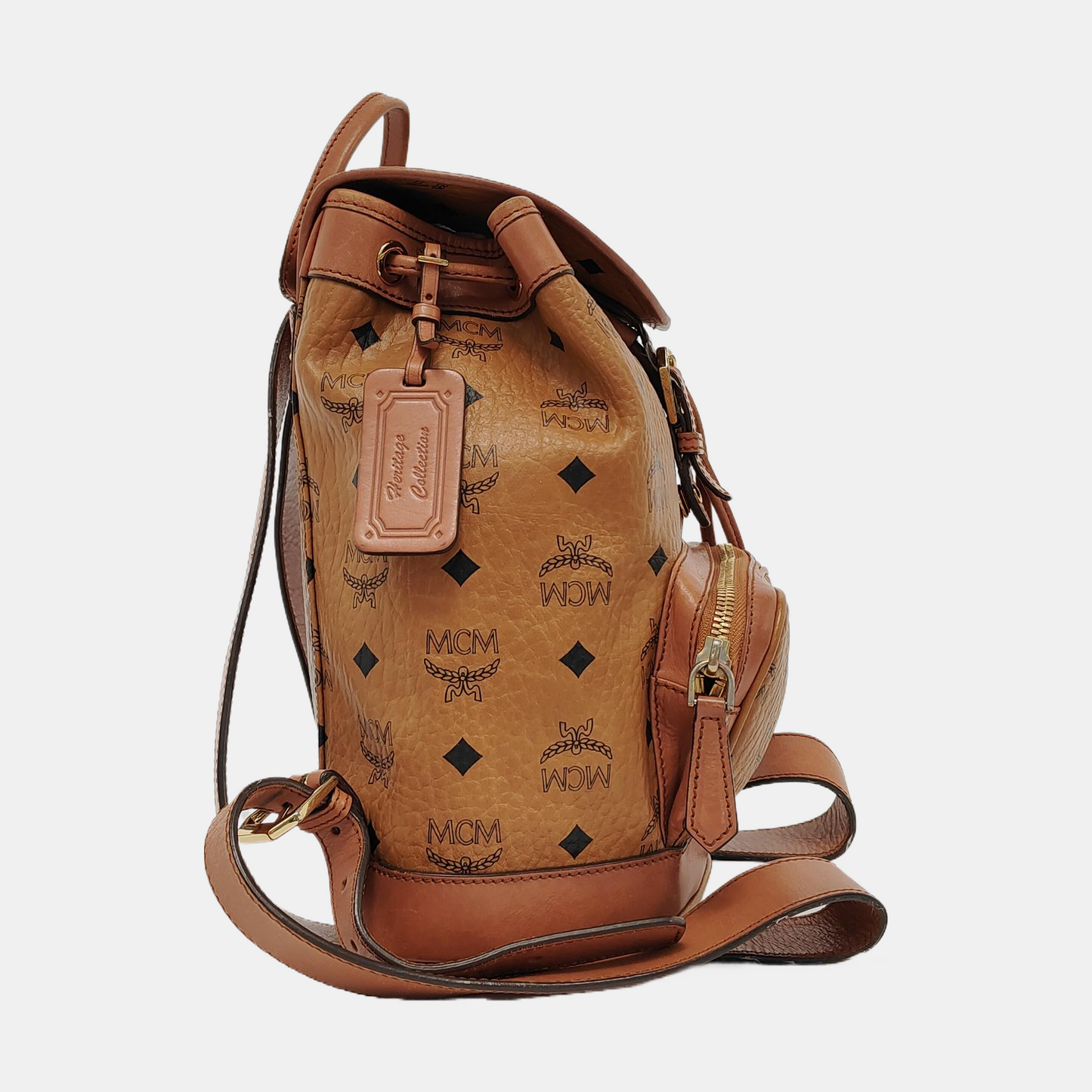 MCM Cognac Coated Canvas Monogrammed Backpack Golden hardware-(SKU)-951930001